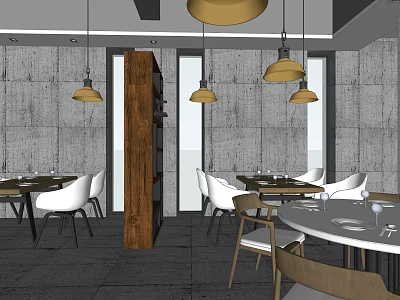Modern Restaurant Interior With Wooden Partition Pendant Lights White Chairs And Round Tables 3d model