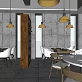 Modern Restaurant Interior With Wooden Partition Pendant Lights White Chairs And Round Tables