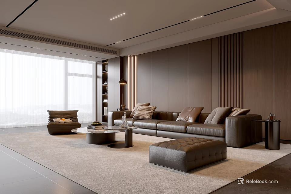 Modern Living Room Interior Design With Brown Sofa Ottoman Coffee Table And Large Windows 3d model 