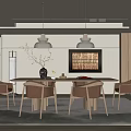 Modern Restaurant Interior Design With Wooden Dining Table Beige Chairs Pendant Lights And Artwork