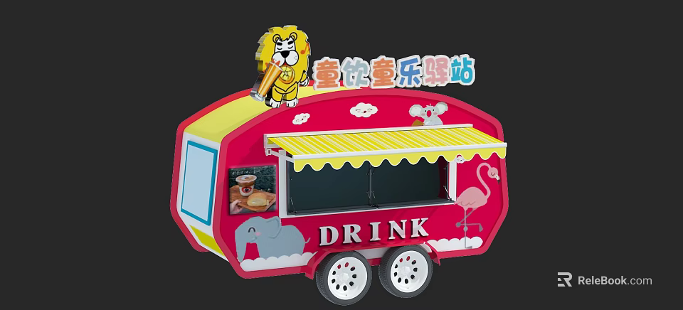 Commercial Kids Drink Cart With Cartoon Lion Elephant Flamingo Red Yellow Awning Selling Station 3d model 