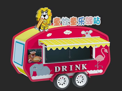 Commercial Kids Drink Cart With Cartoon Lion Elephant Flamingo Red Yellow Awning Selling Station 3d model