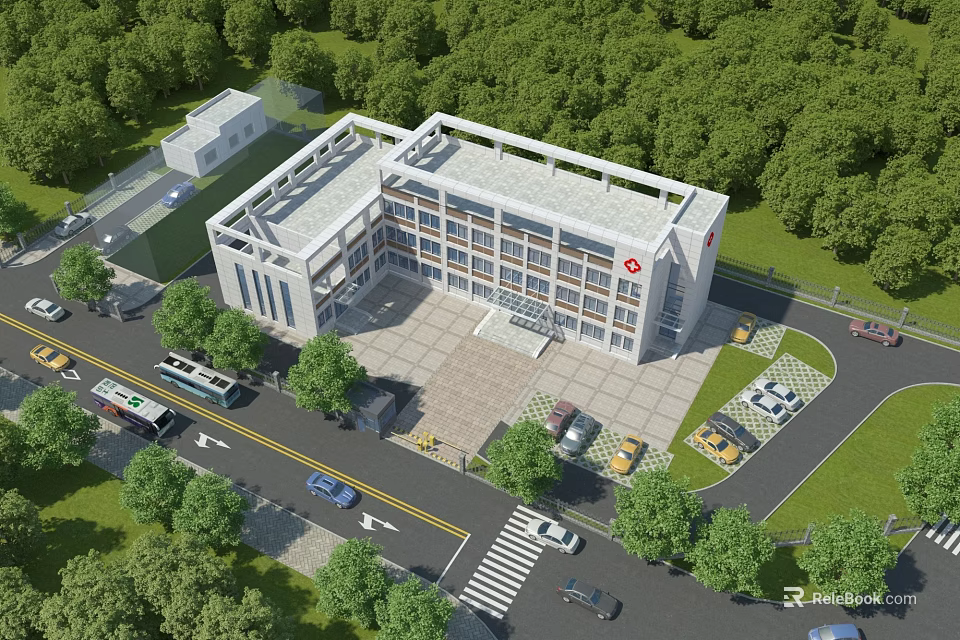 Modern Office Building With White Exterior Surrounded by Green Trees and Parking Area 3d model 