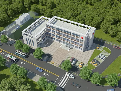 Modern Office Building With White Exterior Surrounded by Green Trees and Parking Area 3d model