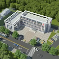 Modern Office Building With White Exterior Surrounded by Green Trees and Parking Area