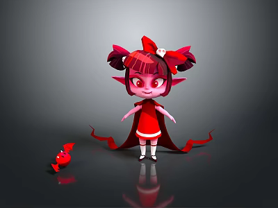 Cartoon Style Young Girl With Red Hair Pigtails Red Dress And Cape Near Red Candy 3d model