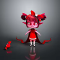 Cartoon Style Young Girl With Red Hair Pigtails Red Dress And Cape Near Red Candy