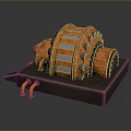 Industrial Orange Mechanical Drum With Black Bolted Surface And Metallic Base