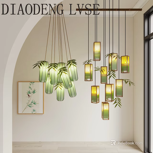 Modern Chinese Interior Hanging Chandeliers With Green Glass Bamboo Design And Yellow Light 3d model 