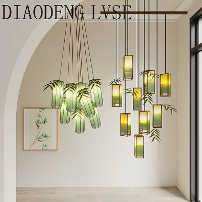Modern Chinese Interior Hanging Chandeliers With Green Glass Bamboo Design And Yellow Light 3d model