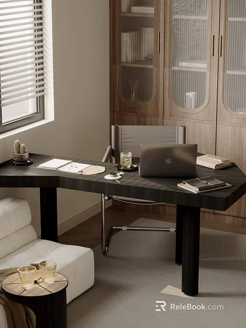 Modern L Shaped Black Desk Interior With Laptop Books Documents And Small Plant 3d model 