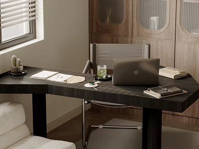 Modern L Shaped Black Desk Interior With Laptop Books Documents And Small Plant 3d model