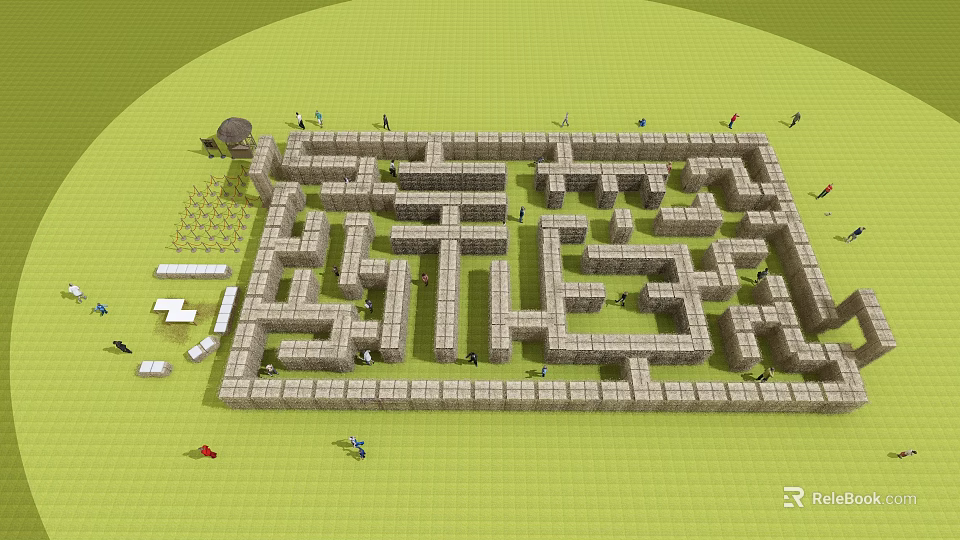 Large Outdoor Maze Amusement Equipment With Stone Paths Colorful Flags And Grassland Surrounding 3d model 