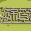 Large Outdoor Maze Amusement Equipment With Stone Paths Colorful Flags And Grassland Surrounding