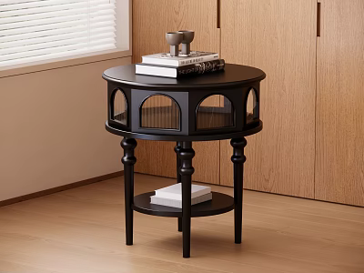 Black Round Top Side Table With Carved Legs And Storage Shelf In Living Room 3d model
