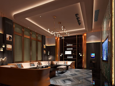 Modern Luxury KTV Room Interior With Sofa Chandelier TV Decorative Paintings And Wine Cabinet 3d model