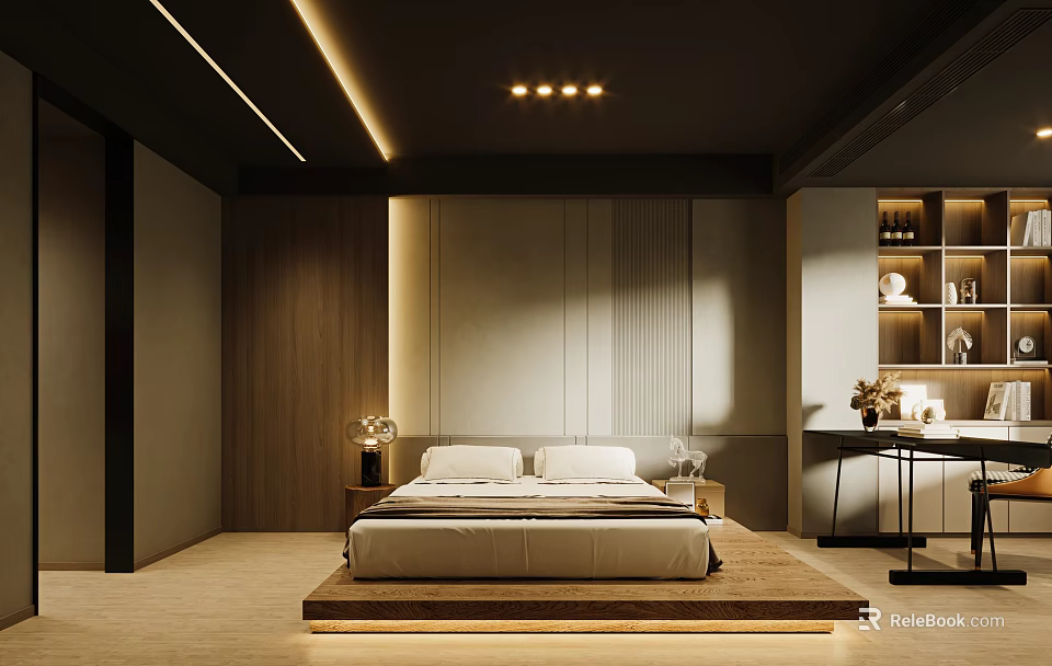 Modern Bedroom Interior Design With Platform Bed Wooden Panel Walls Recessed Lighting And Nightstands 3d model 