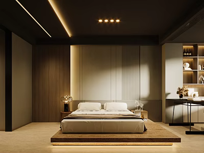 Modern Bedroom Interior Design With Platform Bed Wooden Panel Walls Recessed Lighting And Nightstands 3d model