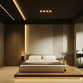 Modern Bedroom Interior Design With Platform Bed Wooden Panel Walls Recessed Lighting And Nightstands