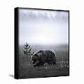 Animal Painting of a Bear Sitting on Grassland with Mountain Background Black and White Style