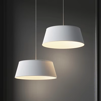 Two White Dome Shaped Pendant Lights Illuminated On Dark Background 3d model