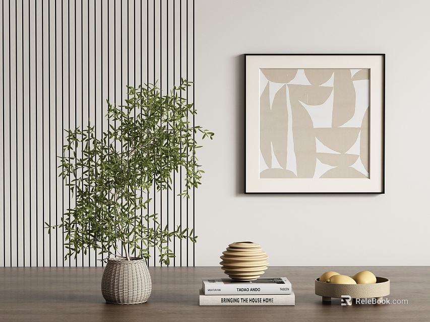 Decorative Ornament Set Featuring Green Plant Woven Vase Books Spiral Ornament Tray And Abstract Painting 3d model 