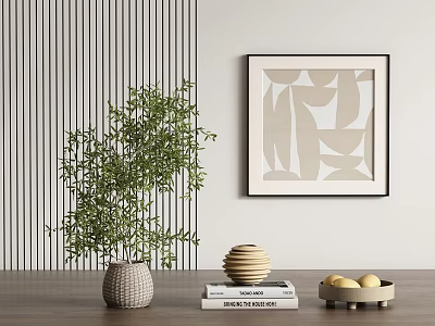 Decorative Ornament Set Featuring Green Plant Woven Vase Books Spiral Ornament Tray And Abstract Painting 3d model