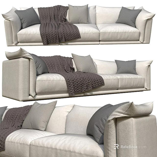 Modern Three Seater Sofa Beige Fabric With Soft Pillows And Cozy Throw Blanket 3d model 