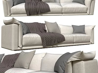 Modern Three Seater Sofa Beige Fabric With Soft Pillows And Cozy Throw Blanket 3d model