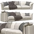 Modern Three Seater Sofa Beige Fabric With Soft Pillows And Cozy Throw Blanket