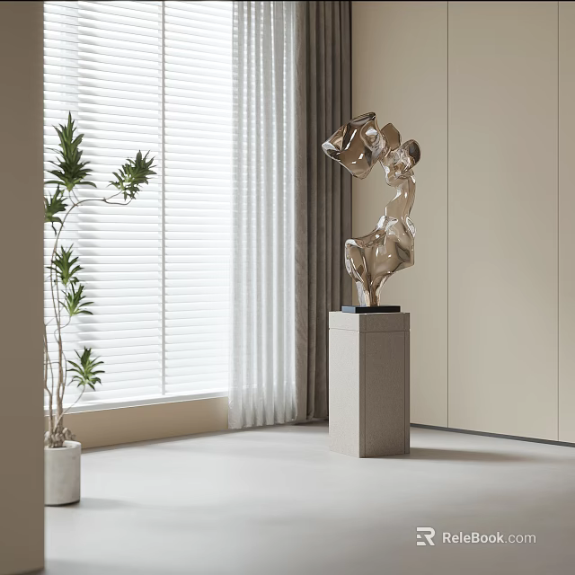 Modern Abstract Decorative Sculpture on Gray Pedestal Near Window with White Blinds Green Plant 3d model 