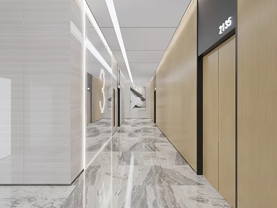 Modern Office Corridor Interior With Marble Floor Wooden Walls LED Strip Lighting And Elevator Doors 3d model