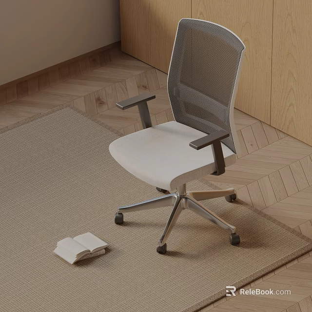 Modern Mesh Massage Chair with White Cushion Wheeled Metal Base and Open Book on Carpet 3d model 