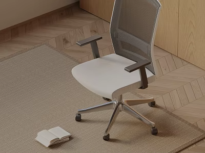 Modern Mesh Massage Chair with White Cushion Wheeled Metal Base and Open Book on Carpet 3d model