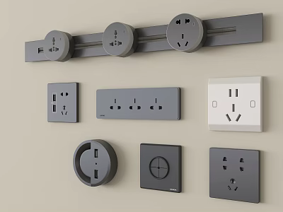 Different types of modern switch panels with wall mounted designs in grey and white colors 3d model