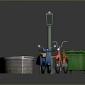 Outdoor Urban Scene Featuring Wooden Boat Street Lamp Orange Motorcycle And Green Trash Bin