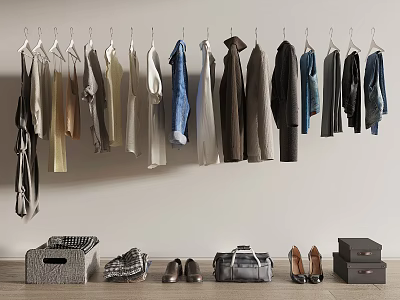Stylish Clothing Hanging On Wall Hangers With Bags Shoes And Storage Boxes 3d model