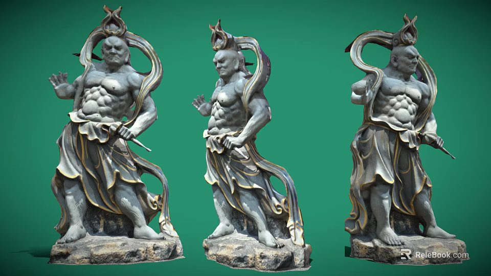 Three Ancient Muscular Mythological Statues Holding Weapons On Rock Bases 3d model 