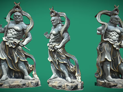 Three Ancient Muscular Mythological Statues Holding Weapons On Rock Bases 3d model