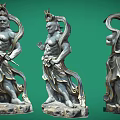 Three Ancient Muscular Mythological Statues Holding Weapons On Rock Bases