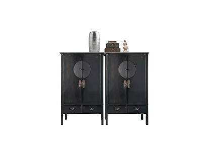 Chinese Style Black Decorative Cabinets With Circular Motifs Topped With Vase Books And Small Ornaments 3d model