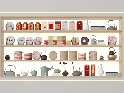 Tea Sets On Display Shelf With Various Ceramic Cups Pots And Tea Caddies 3d model