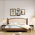 Cozy Double Bed with Upholstered Headboard Wooden Frame Decorative Paintings Floor Lamp Nightstand and Venetian Blinds