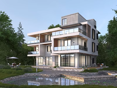 Modern Detached Villa With Large Glass Windows Balconies Lush Greenery And Pond In Surroundings 3d model