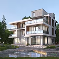 Modern Detached Villa With Large Glass Windows Balconies Lush Greenery And Pond In Surroundings