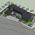 Modern Office Building Exterior Design With Parking Lot Greenery And Road Access