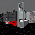 Modern Elegant Public Toilet Design With Neon Lights Green Partitions Black Floors And Red Sofa