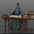 Traditional Man in Robe Writing on Paper with Brush at Wooden Desk and Ancient Books