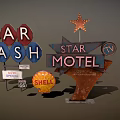 Vintage Commercial Signs Featuring Car Wash Motel Shell And Road 66 Logos