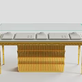Golden Display Shelf With Glass Top And Textured Base For Showcasing Items
